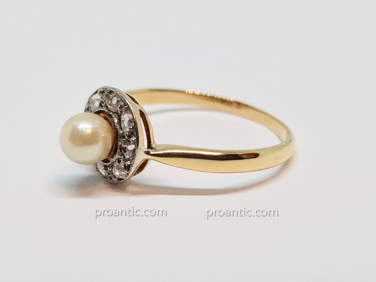 Bague Ancienne Perle Culture & Roses De Diamant En Or Jaune 750/1000 2.52 Grammes-photo-2