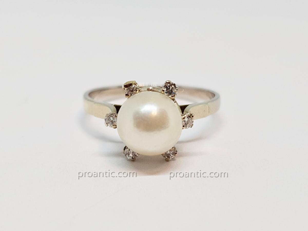 Bague Perle De Culture & Diamants En Or Blanc 18 Carats 750/1000 2.19