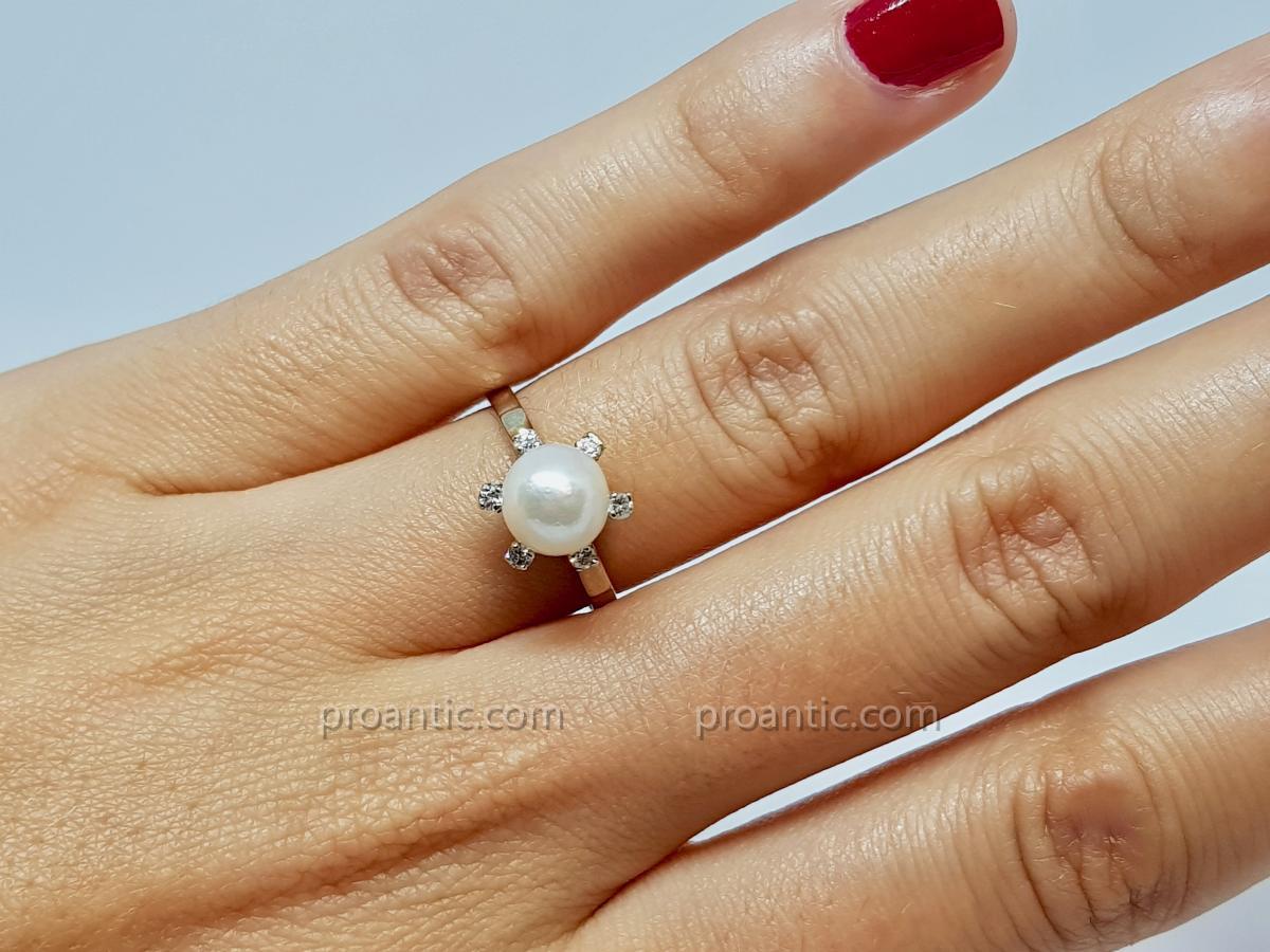 Bague Perle De Culture & Diamants En Or Blanc 18 Carats 750/1000 2.19