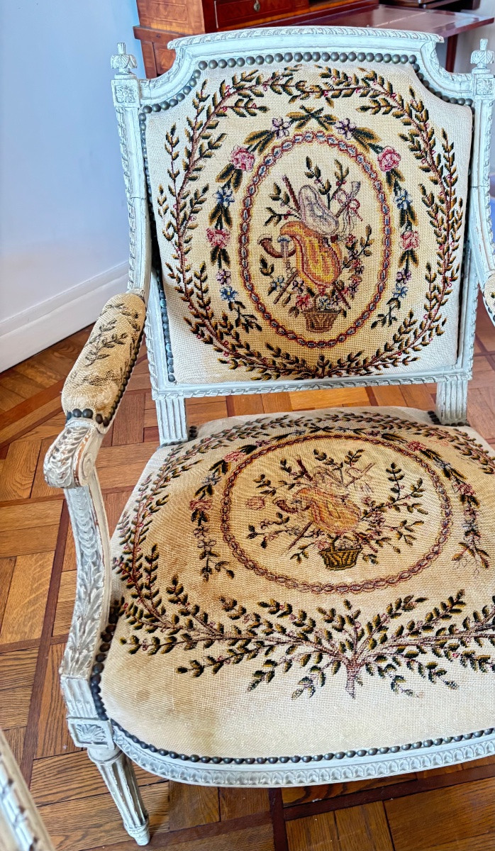 Fauteuils Louis 16 tapisserie au petit point 19e cabriolet siège tapisserie -photo-3