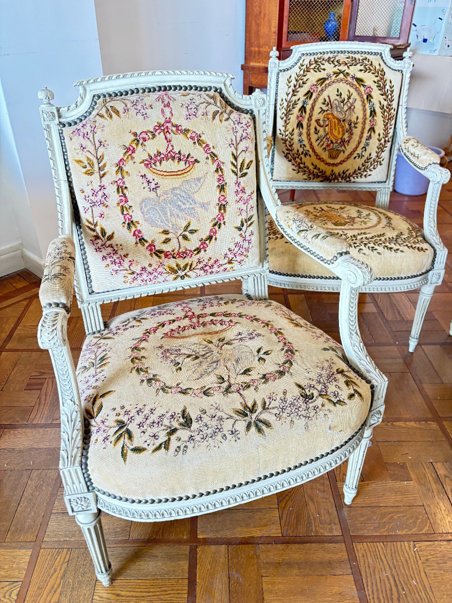 Fauteuils Louis 16 tapisserie au petit point 19e cabriolet siège tapisserie -photo-3