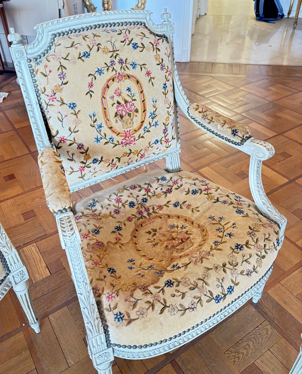Fauteuils Louis 16 tapisserie au petit point 19e cabriolet siège tapisserie -photo-5
