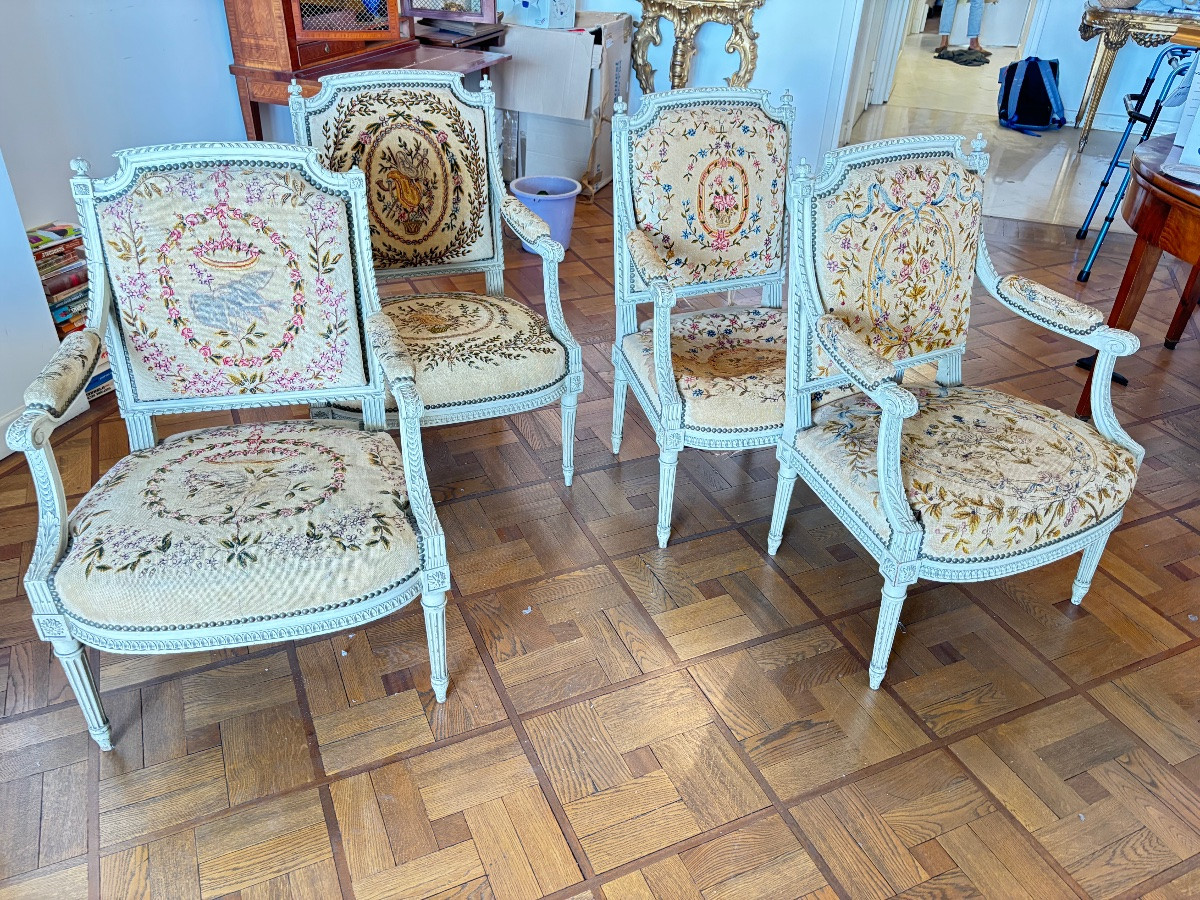 Fauteuils Louis 16 tapisserie au petit point 19e cabriolet siège tapisserie -photo-8