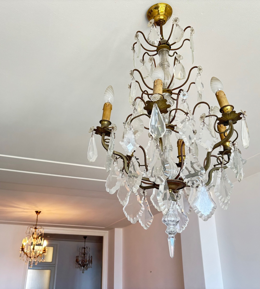 Lustres en cristal ancien 19 e monture en bronze pampilles luminaires -photo-2