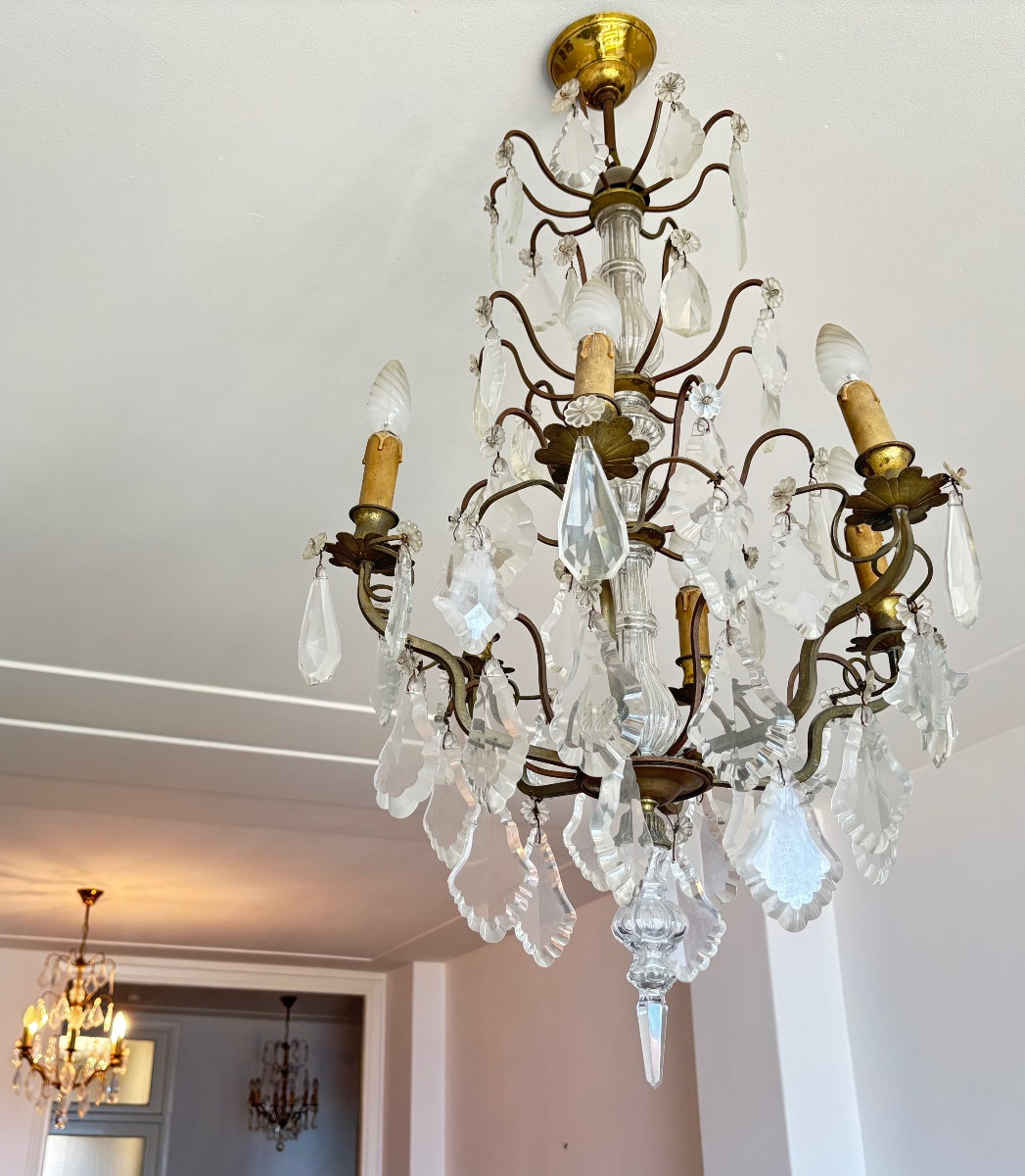 Lustres en cristal ancien 19 e monture en bronze pampilles luminaires 