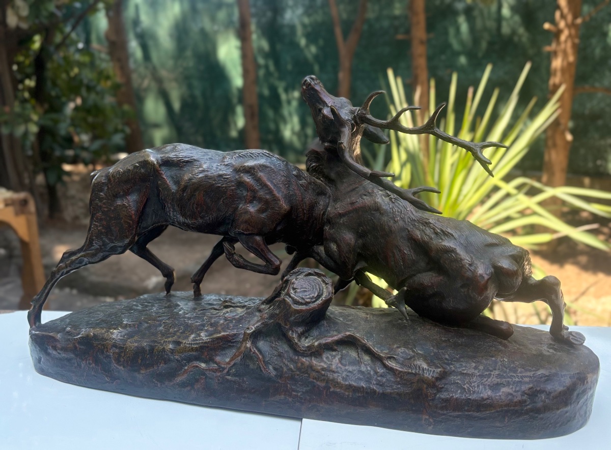 Sculpture en bronze signée MASSON combat de cerfs 19 e -photo-2