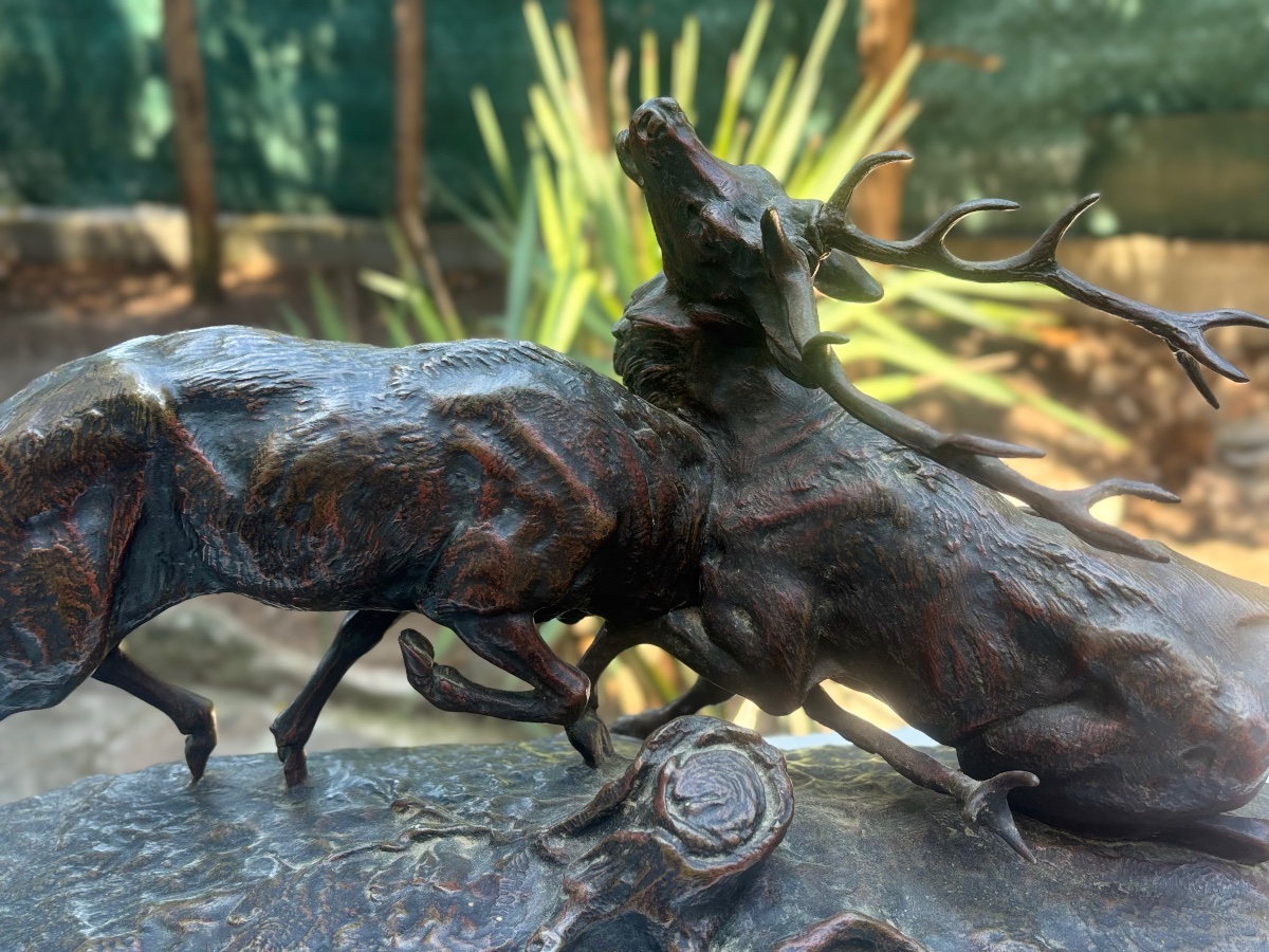 Sculpture en bronze signée MASSON combat de cerfs 19 e -photo-3