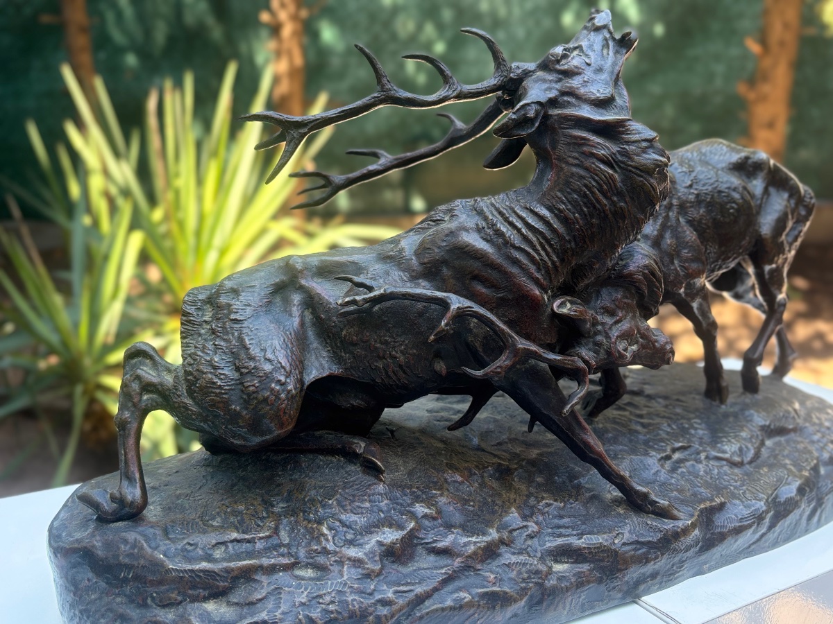 Sculpture en bronze signée MASSON combat de cerfs 19 e -photo-4