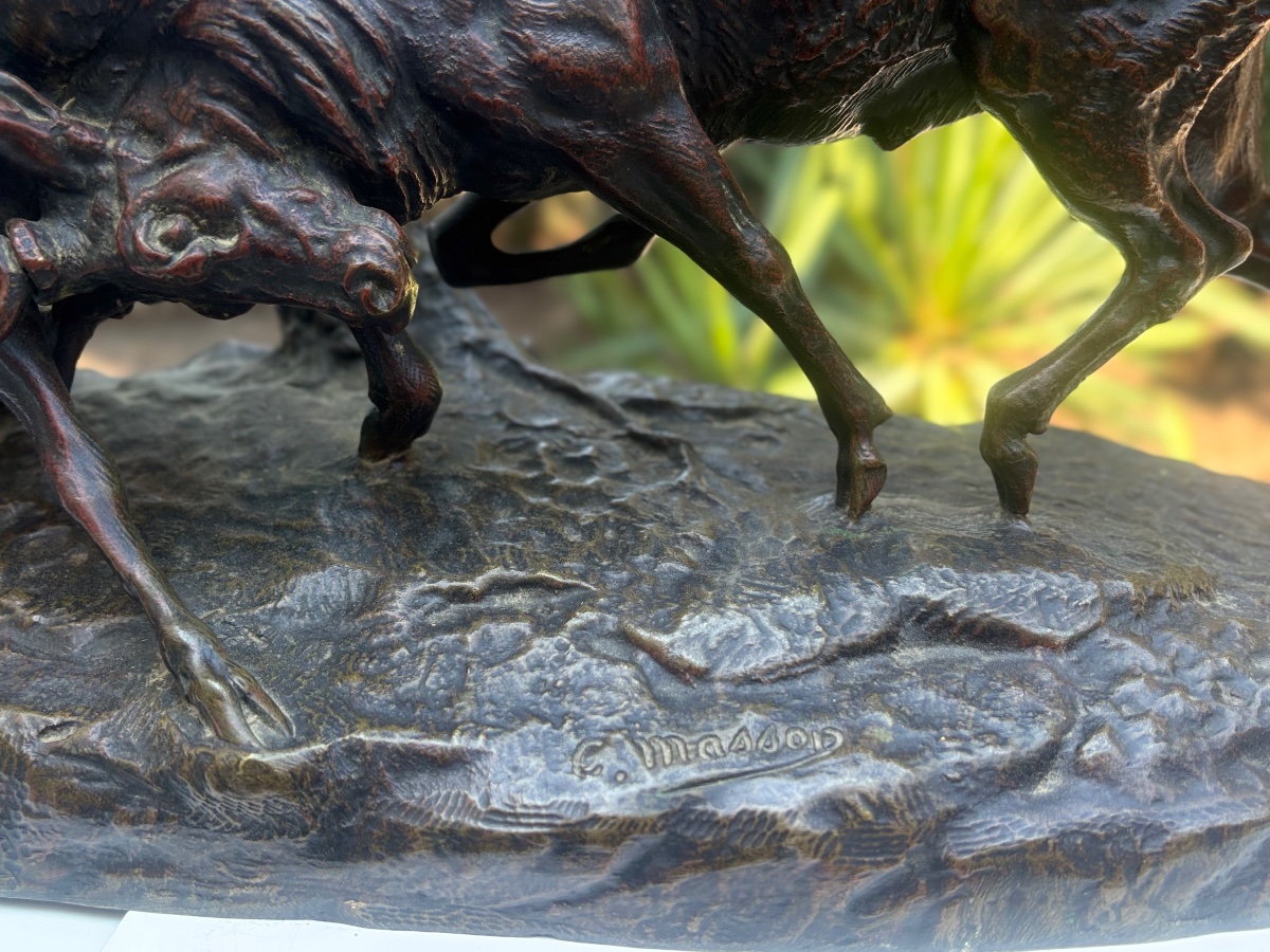 Sculpture en bronze signée MASSON combat de cerfs 19 e -photo-4