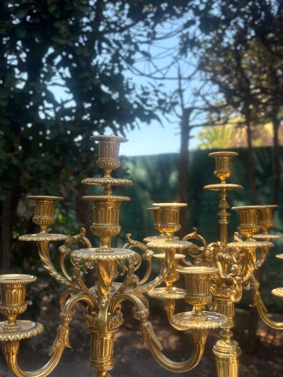 Pair Of Antique Bronze 7-candle Candlesticks, 1930-photo-2