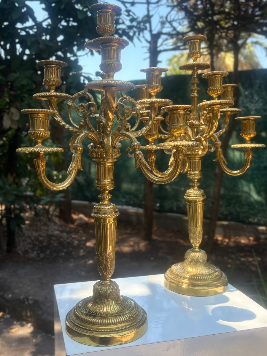 Pair Of Antique Bronze 7-candle Candlesticks, 1930-photo-3