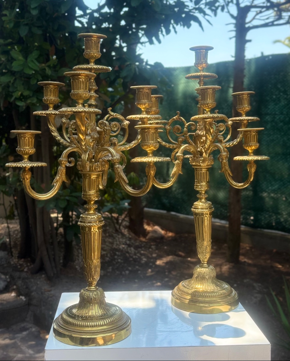 Pair Of Antique Bronze 7-candle Candlesticks, 1930