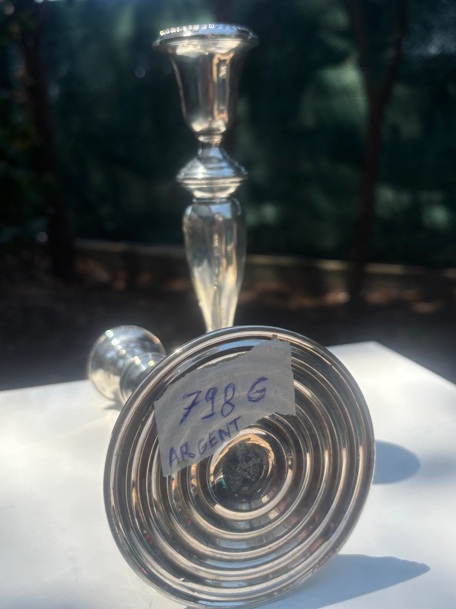 Paire de bougeoirs en argent fourrées 1950 -photo-2