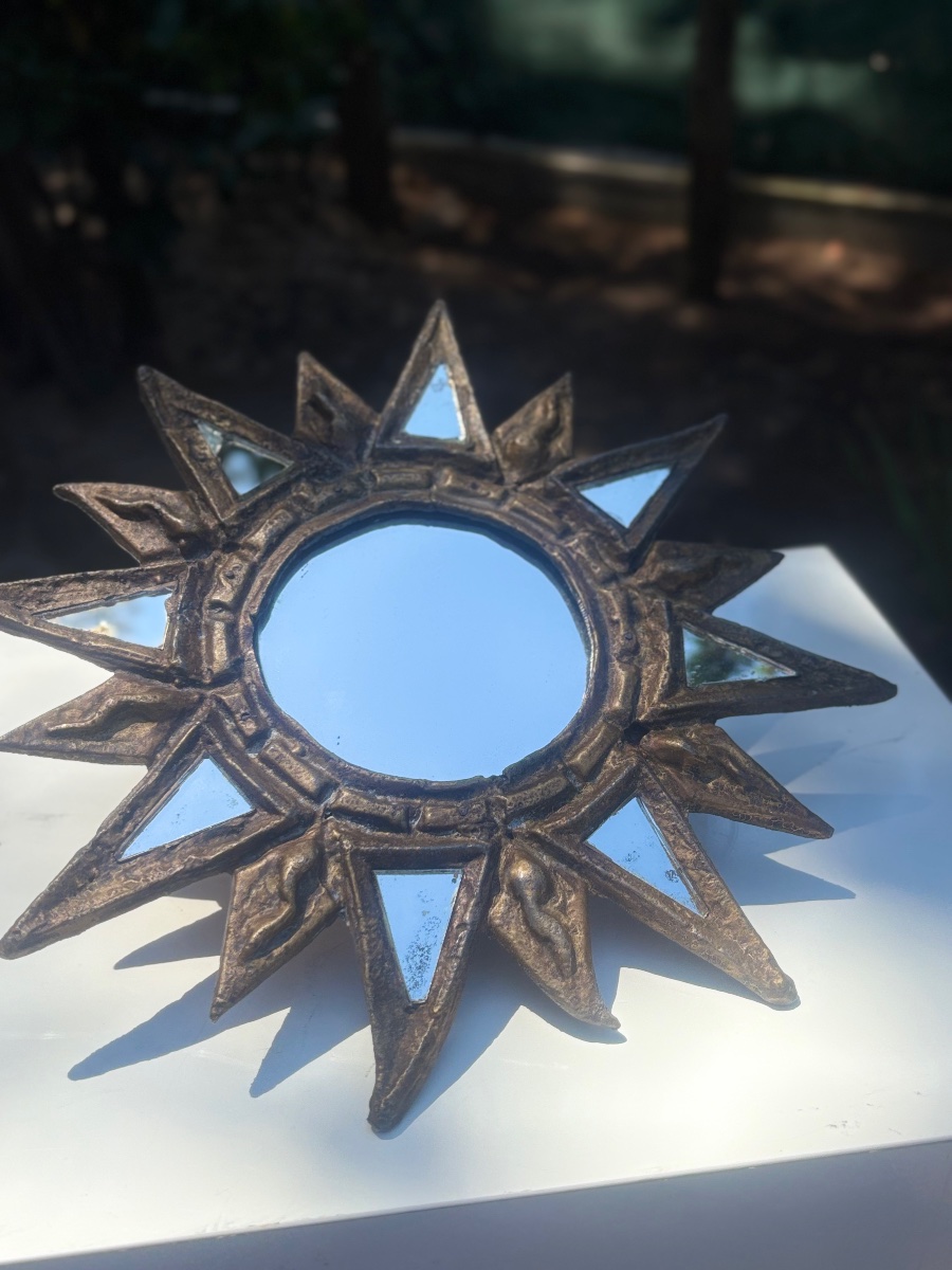 1950s Leaded "sun" Mirror, "witch" Mirror From Vallauris -photo-4