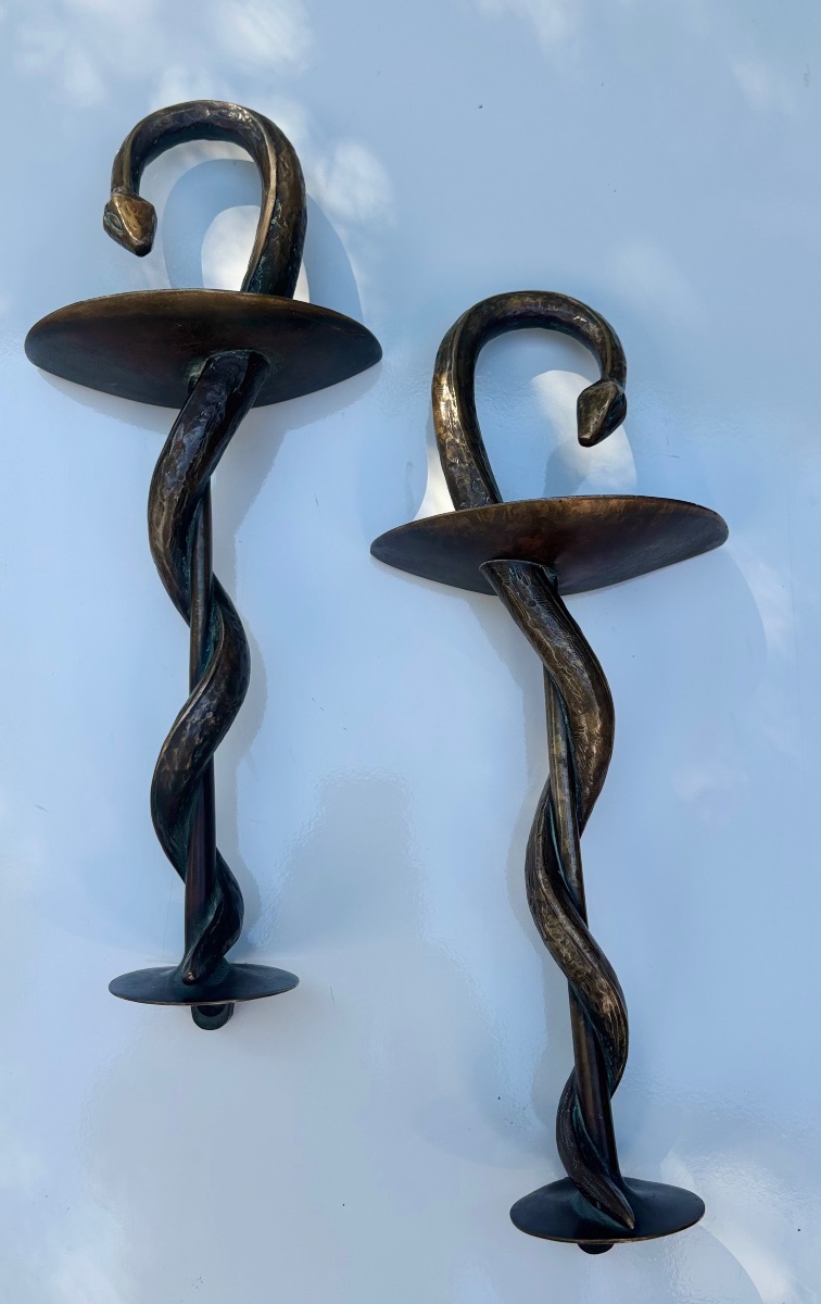 Grande paire de poignées, de porte en bronze 19e de pharmacie serpent -photo-2