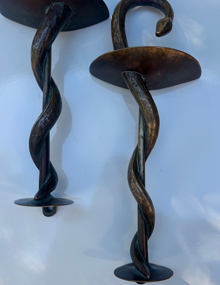 Grande paire de poignées, de porte en bronze 19e de pharmacie serpent -photo-3