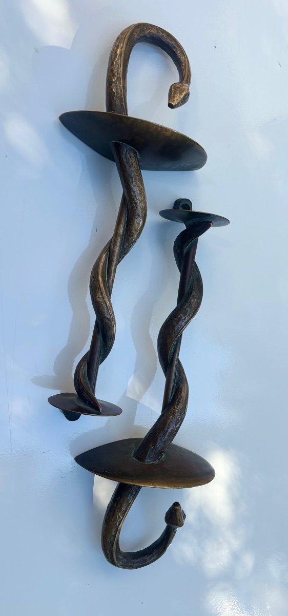 Grande paire de poignées, de porte en bronze 19e de pharmacie serpent -photo-1