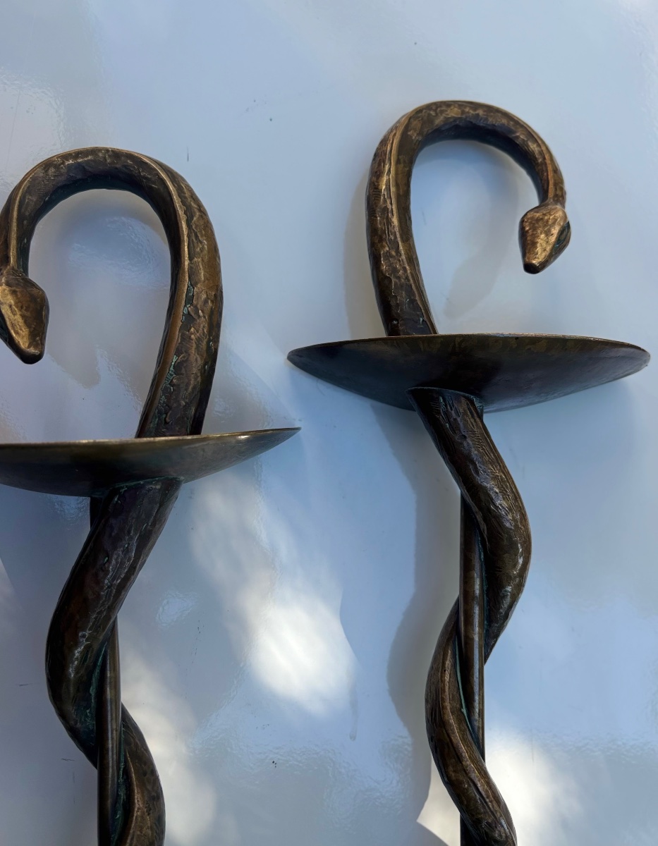 Grande paire de poignées, de porte en bronze 19e de pharmacie serpent -photo-4