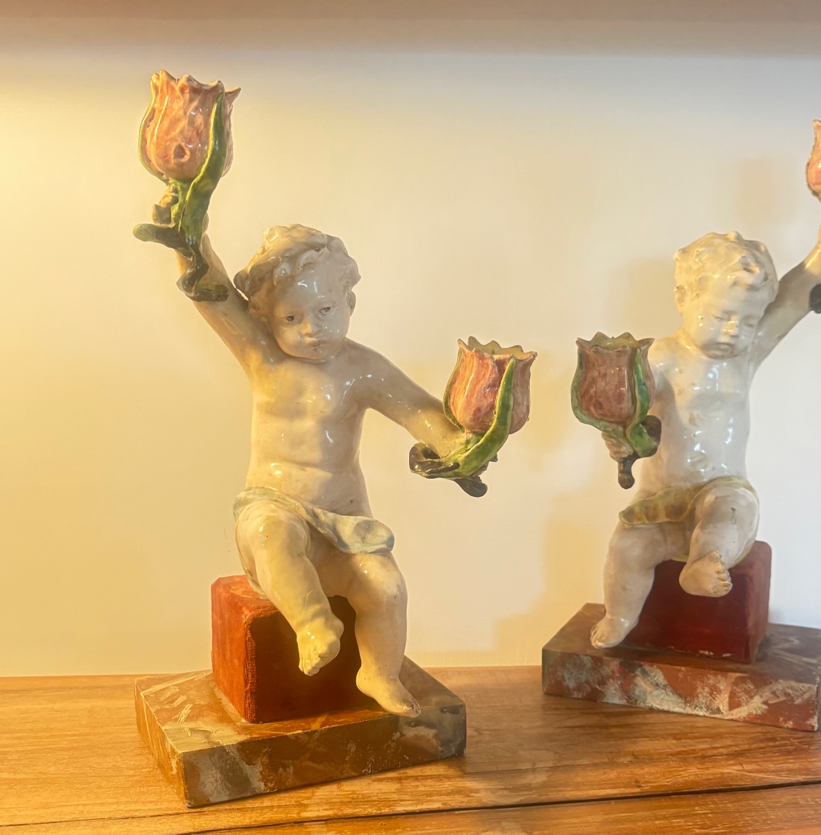Pair Of 19th-century Majolica Putti And An Angel By Minghetti; Earthenware Candleholders, Porcelain, Italy -photo-4