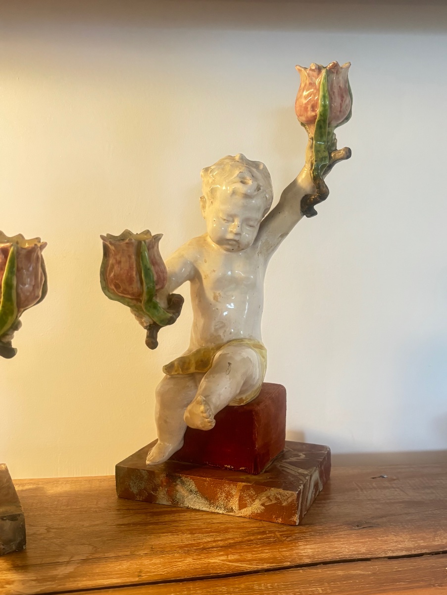 Pair Of 19th-century Majolica Putti And An Angel By Minghetti; Earthenware Candleholders, Porcelain, Italy -photo-1