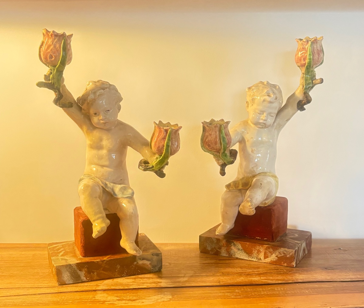 Pair Of 19th-century Majolica Putti And An Angel By Minghetti; Earthenware Candleholders, Porcelain, Italy 