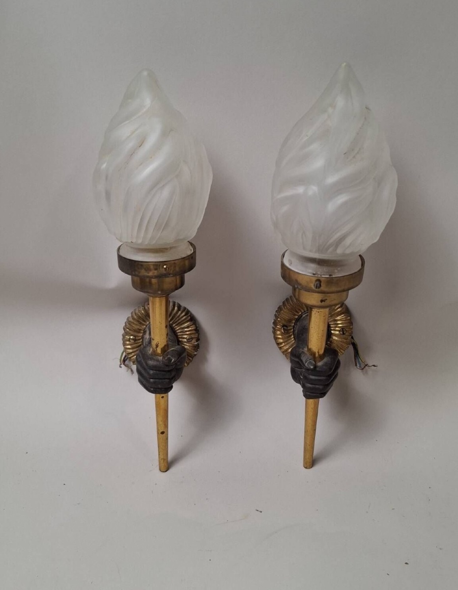 1950s Bronze Torch-style Wall Sconces And Torch Holders-photo-2
