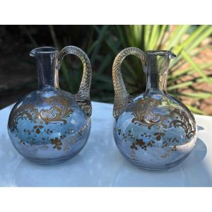 Carafes flacons en cristal de baccarat irisée décors rocailles doré à or 19 e