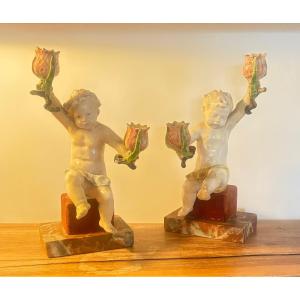 Paire de putti maiolica 19 e angelo minghetti bougeoirs en faïence porcelaine Italie