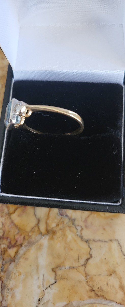Art Deco Bague Avec Aiguemarine, Diamants En Or 18ct En Or-photo-2