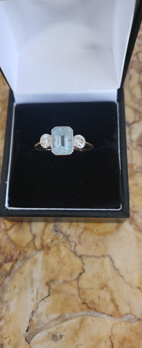 Art Deco Bague Avec Aiguemarine, Diamants En Or 18ct En Or-photo-3