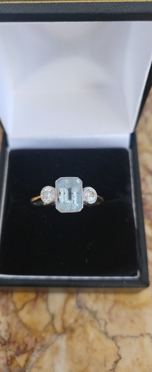 Art Deco Bague Avec Aiguemarine, Diamants En Or 18ct En Or