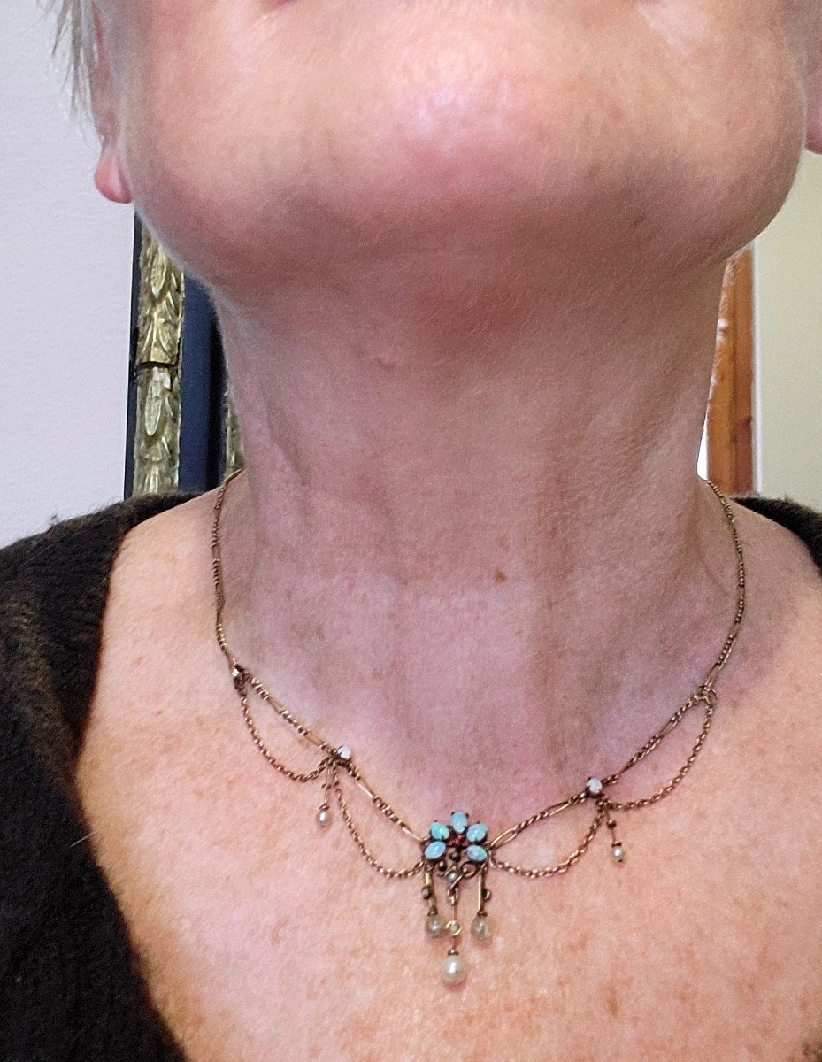 Belle Epoque - Collier Feston Avec Opale, Perles Et Un Tourmaline En Or 9ct -photo-5
