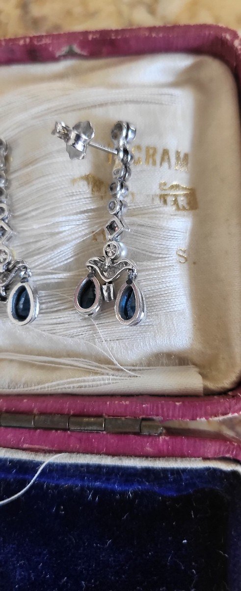Art Deco Boucles d'Oreilles Saphire Bleu, Diamants En Or 18ct -photo-1