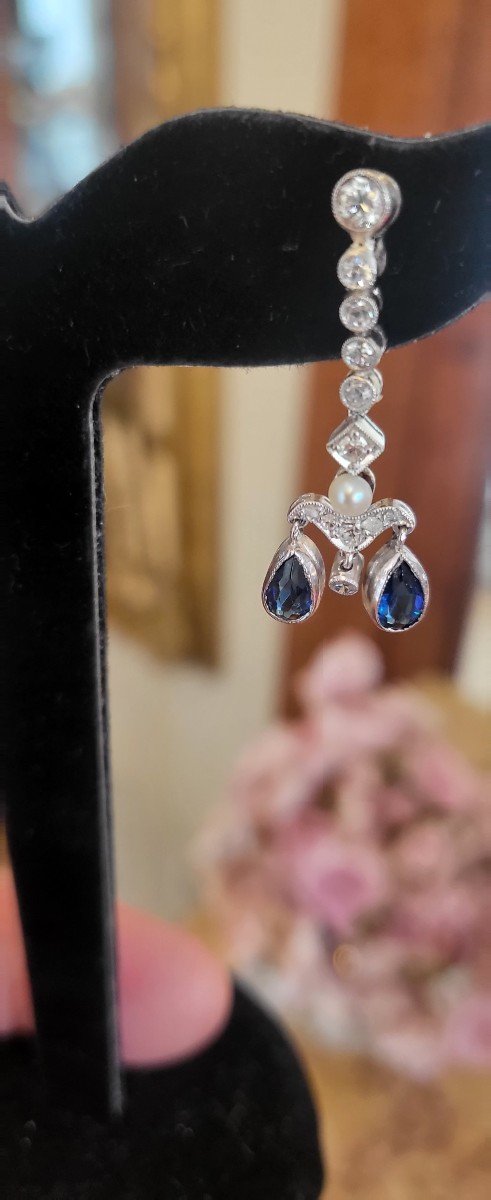 Art Deco Boucles d'Oreilles Saphire Bleu, Diamants En Or 18ct -photo-6