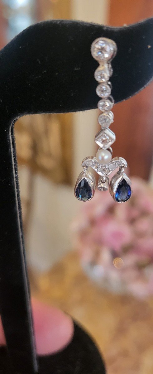 Art Deco Boucles d'Oreilles Saphire Bleu, Diamants En Or 18ct -photo-7
