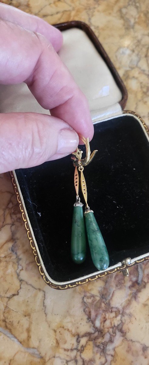 Art Deco Boucles d'Oreilles- Or 18ct,  Diamants Et Gouttes De Jade. -photo-1
