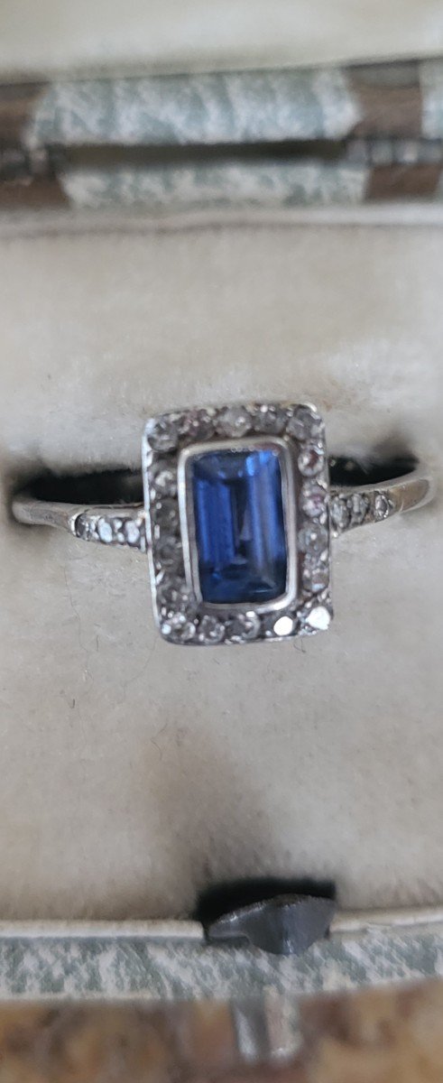 Art Deco -  Bague 18ct Or, Platine, Saphir Et Diamants -photo-2