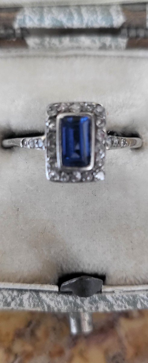 Art Deco -  Bague 18ct Or, Platine, Saphir Et Diamants -photo-4