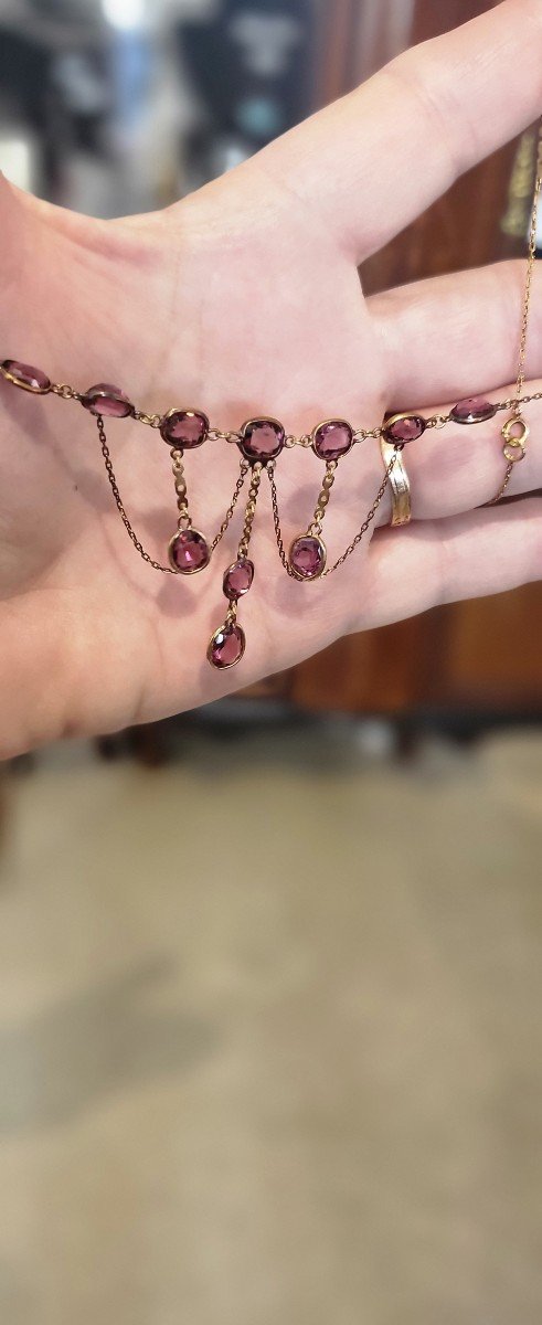 Belle Epoque Festoon Necklace In 9ct Gold And Pink Tourmalines-photo-2