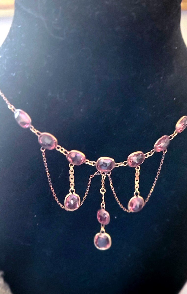 Belle Epoque Festoon Necklace In 9ct Gold And Pink Tourmalines-photo-3