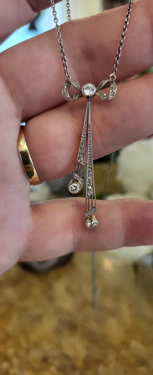 Art Deco Collier Négligé Platine Et Or 14 ct  serti de Diamants -photo-3