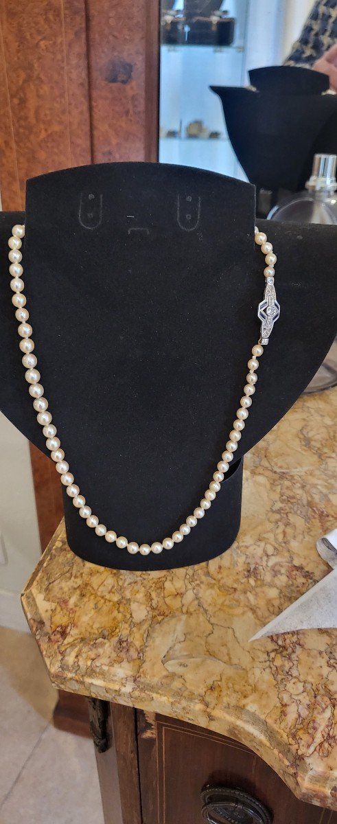 Art Deco Akoya Pearl Necklace In 18ct Gold Sapphire And Diamonds-photo-4