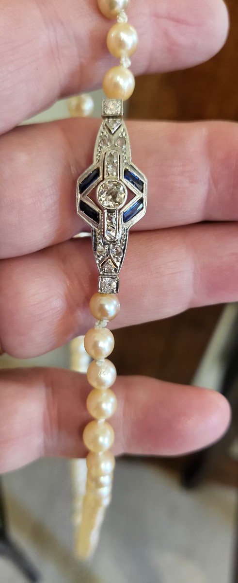 Art Deco Collier Akoya Perles En Or 18ct  Saphir Et Diamants -photo-1