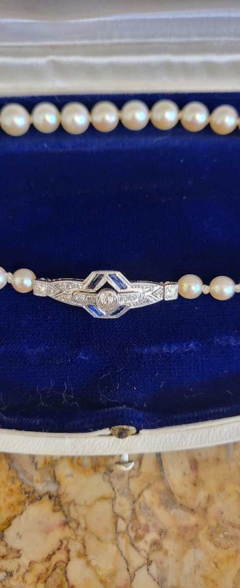 Art Deco Collier Akoya Perles En Or 18ct  Saphir Et Diamants -photo-2