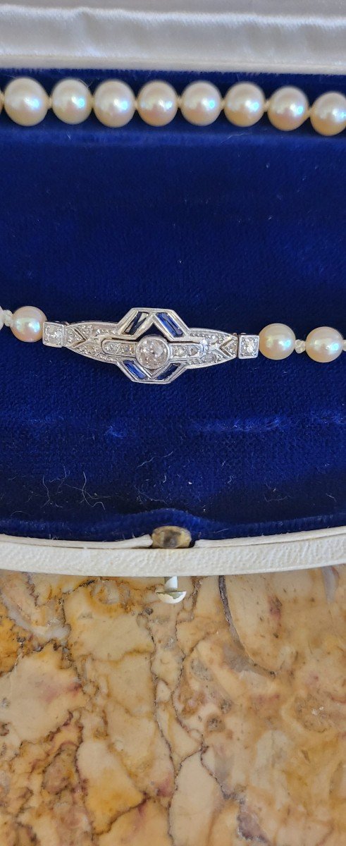 Art Deco Collier Akoya Perles En Or 18ct  Saphir Et Diamants -photo-3