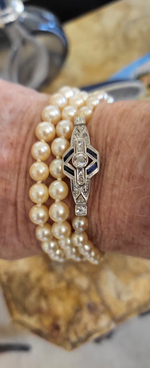 Art Deco Akoya Pearl Necklace In 18ct Gold Sapphire And Diamonds-photo-4