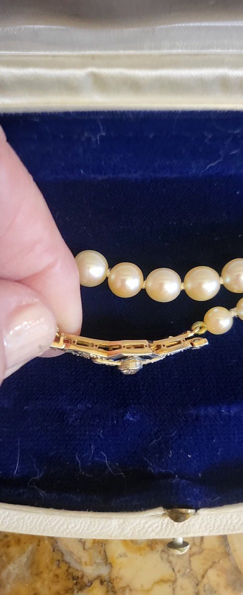 Art Deco Akoya Pearl Necklace In 18ct Gold Sapphire And Diamonds-photo-5