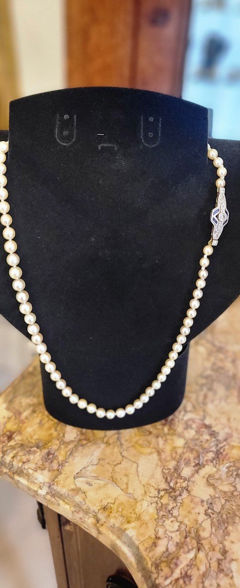 Art Deco Collier Akoya Perles En Or 18ct  Saphir Et Diamants -photo-7
