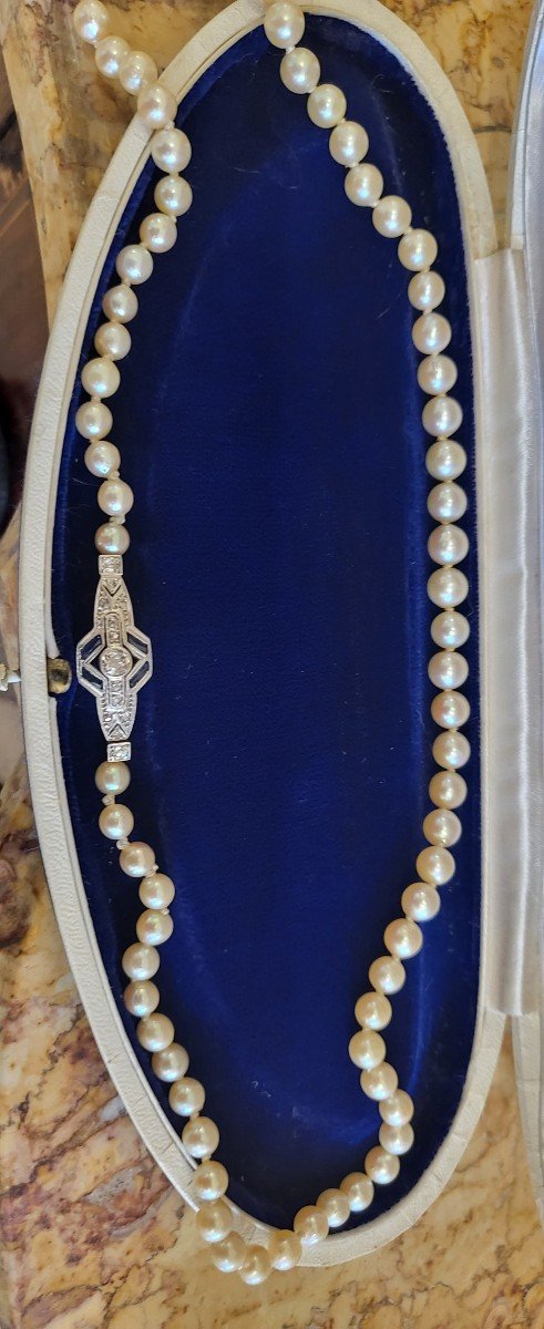 Art Deco Collier Akoya Perles En Or 18ct  Saphir Et Diamants -photo-8