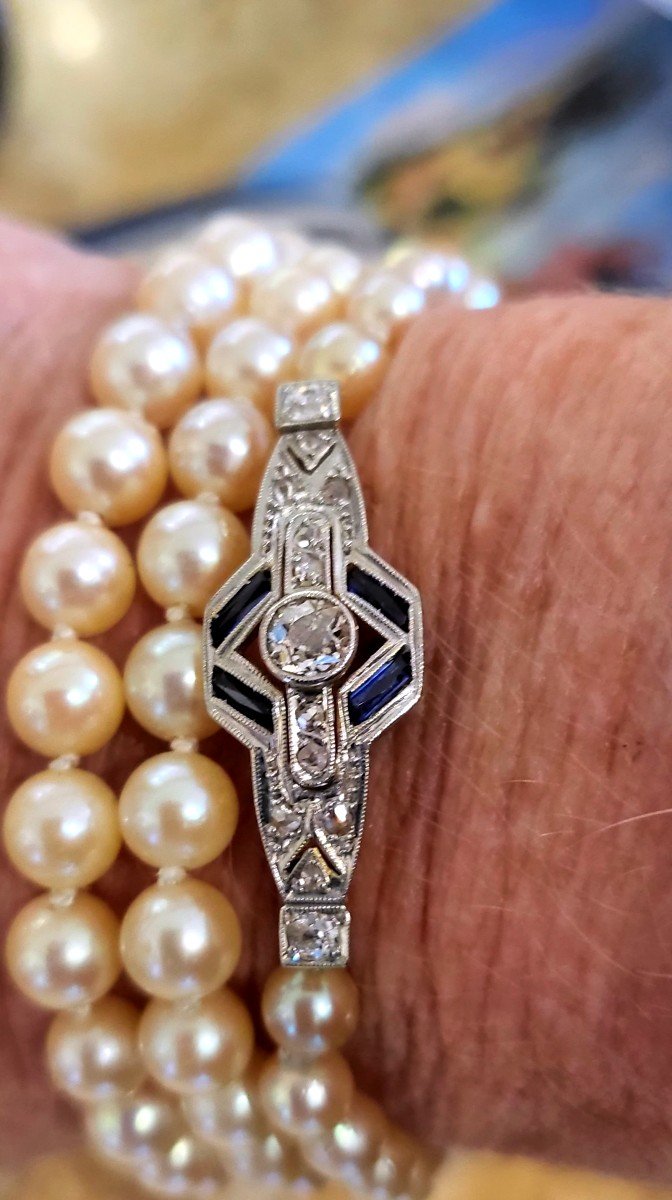 Art Deco Collier Akoya Perles En Or 18ct  Saphir Et Diamants 